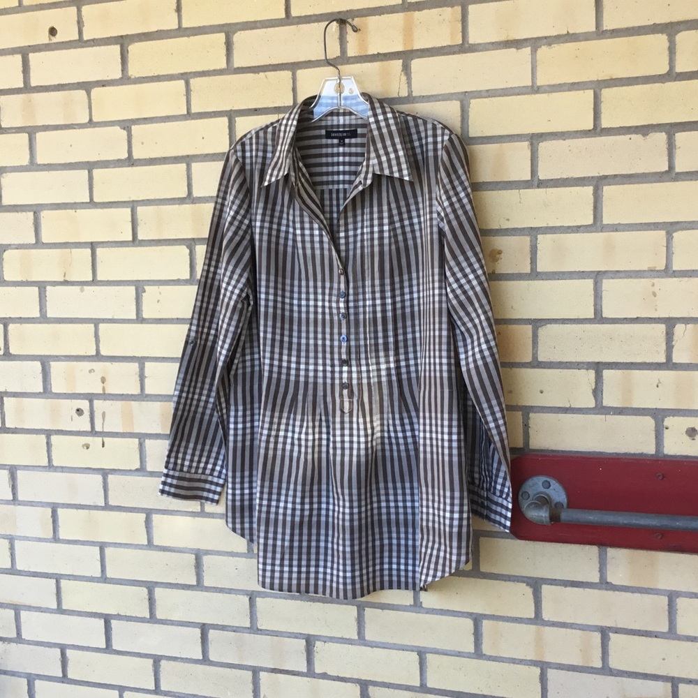 Lafayette 148 Olive Green and White Check Blouse Size 12